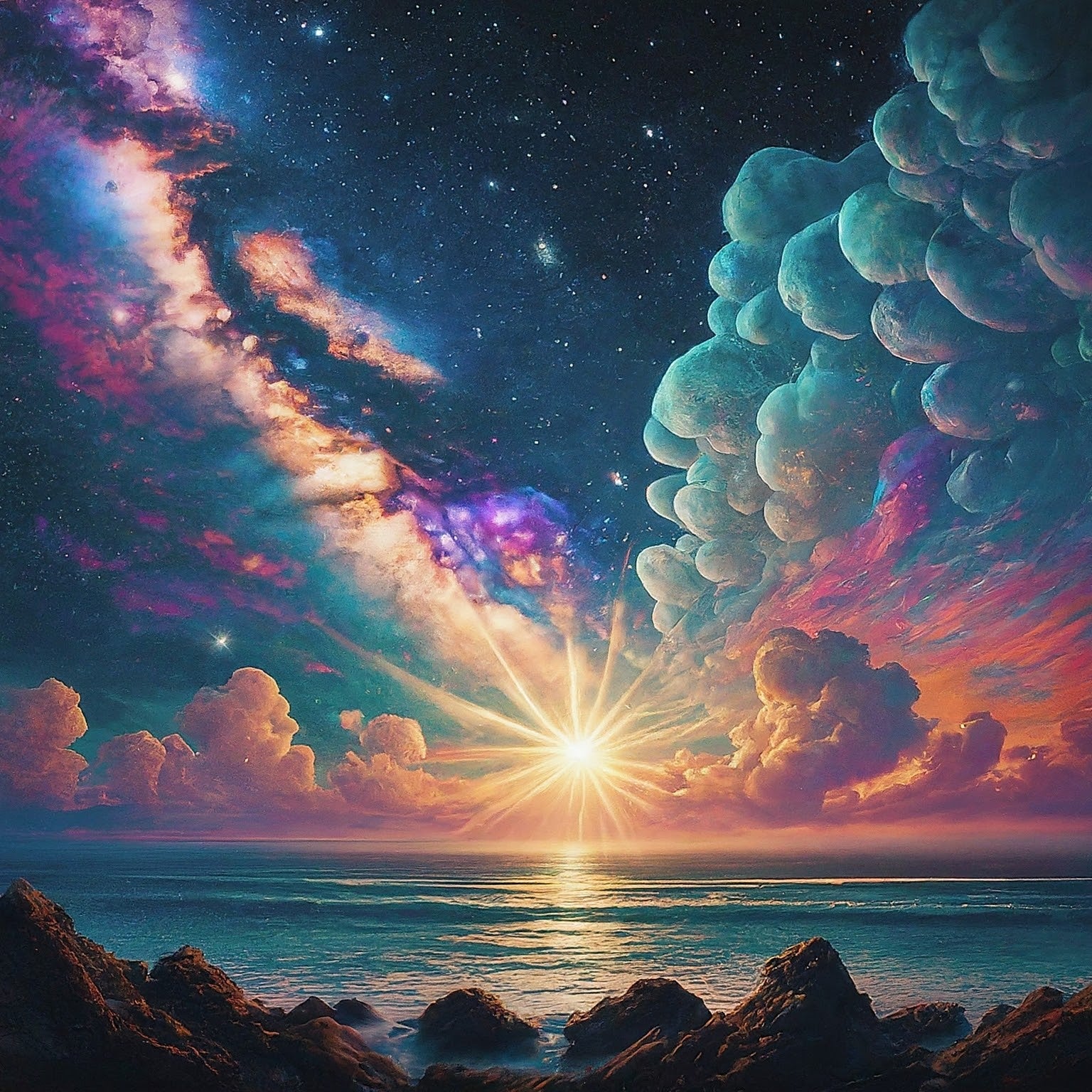 Majestic landscape with a starry sky, nebula, and sun over a sea with rocks.
